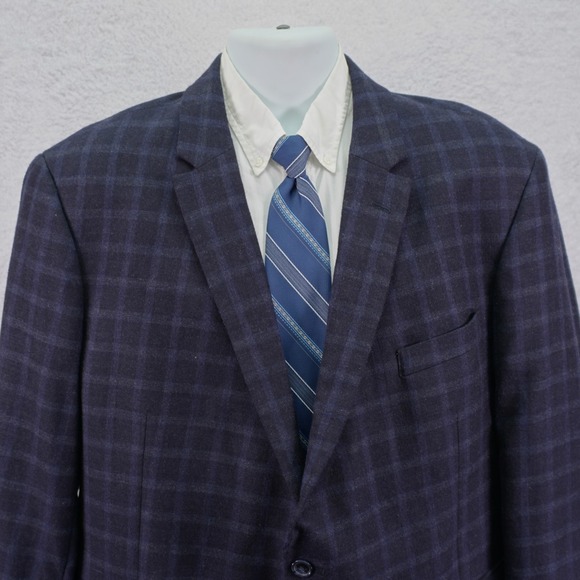 Tommy Hilfiger Soft Flannel Worsted‎ Wool Sport Coat 48R Blue Windowpane Tag 50L